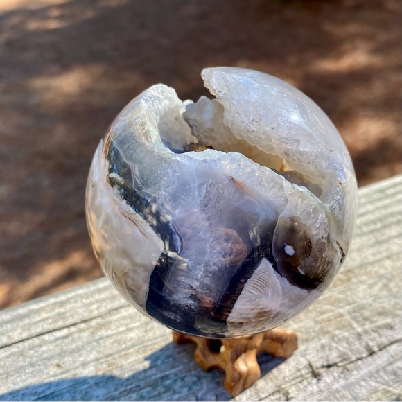 Large HQ Polished UV Reactive Volcano Agate Sphere w/ Wooden Stand - Picture 5 of 16